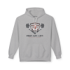 Sport Grey Christian fitness hoodie featuring a Spartan warrior lifting a barbell with the bold "Pray Eat Lift" slogan for faith-driven athletes and gym enthusiasts.