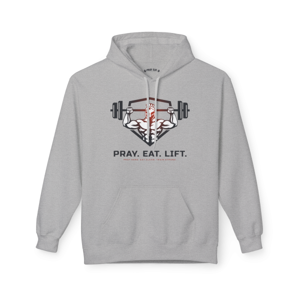 Sport Grey Christian fitness hoodie featuring a Spartan warrior lifting a barbell with the bold "Pray Eat Lift" slogan for faith-driven athletes and gym enthusiasts.