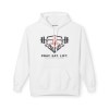 White Christian fitness hoodie featuring a Spartan warrior lifting a barbell with the slogan "Pray Eat Lift" and motivational faith-based gym design.