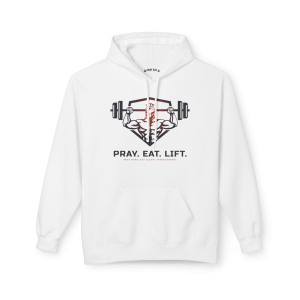White Christian fitness hoodie featuring a Spartan warrior lifting a barbell with the slogan "Pray Eat Lift" and motivational faith-based gym design.