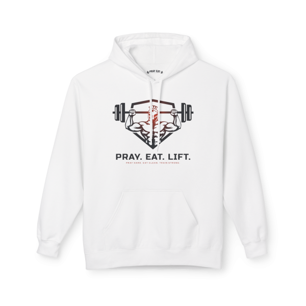 White Christian fitness hoodie featuring a Spartan warrior lifting a barbell with the slogan "Pray Eat Lift" and motivational faith-based gym design.