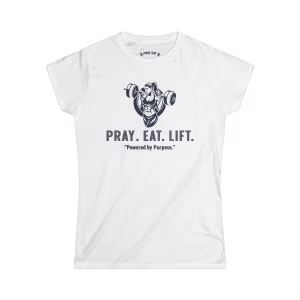 White women's Christian fitness t-shirt featuring a female weightlifter graphic and the Pray Eat Lift motivational slogan.