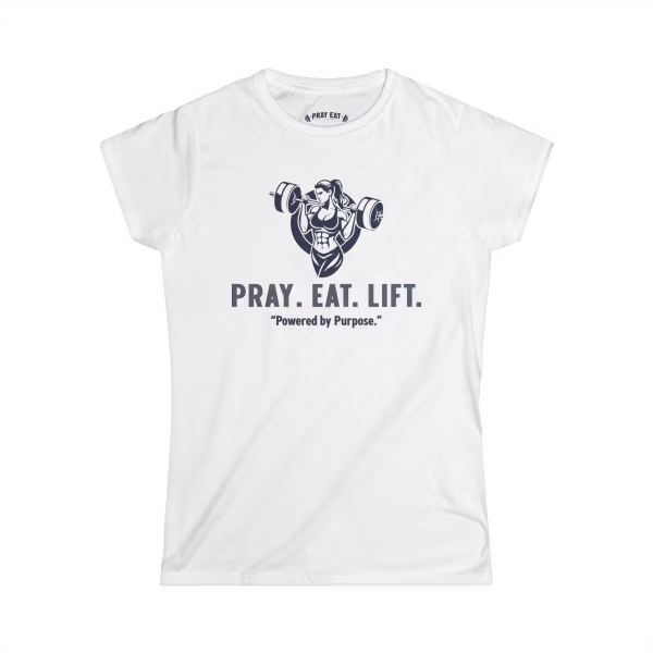 White women's Christian fitness t-shirt featuring a female weightlifter graphic and the Pray Eat Lift motivational slogan.