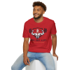 Red Christian fitness t-shirt featuring a Spartan warrior lifting a barbell with the bold Pray Eat Lift slogan for athletes, weightlifters, and gym enthusiasts.