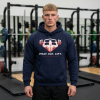 Navy blue Christian fitness hoodie featuring a Spartan warrior lifting a barbell with the slogan "Pray Eat Lift" and faith-based gym motivation design.