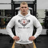 White Christian fitness hoodie featuring a Spartan warrior lifting a barbell with the slogan "Pray Eat Lift" and motivational faith-based gym design.