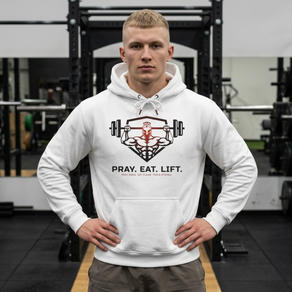 White Christian fitness hoodie featuring a Spartan warrior lifting a barbell with the slogan "Pray Eat Lift" and motivational faith-based gym design.