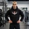 Black Christian fitness hoodie featuring a Spartan warrior lifting a barbell with the slogan "Pray Eat Lift" and faith-inspired strength training design.