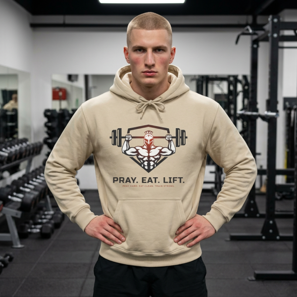 Sand-colored Christian fitness hoodie featuring a Spartan warrior lifting a barbell with the bold slogan "Pray Eat Lift" for faith-driven athletes and gym enthusiasts.