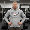 Sport Grey Christian fitness hoodie featuring a Spartan warrior lifting a barbell with the bold "Pray Eat Lift" slogan for faith-driven athletes and gym enthusiasts.