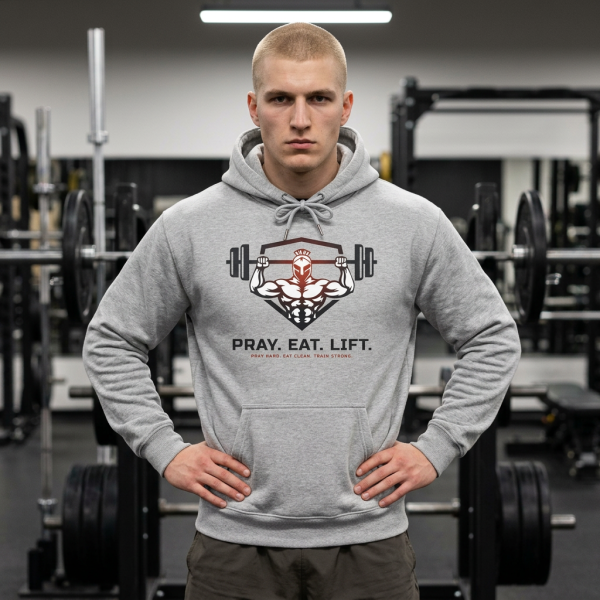 Sport Grey Christian fitness hoodie featuring a Spartan warrior lifting a barbell with the bold "Pray Eat Lift" slogan for faith-driven athletes and gym enthusiasts.