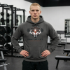 Charcoal grey Christian fitness hoodie featuring a Spartan warrior lifting a barbell with the bold "Pray Eat Lift" slogan for faith-driven athletes and strength training enthusiasts.