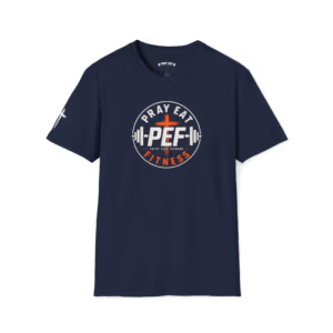 Navy Pray Eat Fitness graphic T-shirt with white and orange PEF logo, Faith Fuel Fitness design, and white sleeve cross.