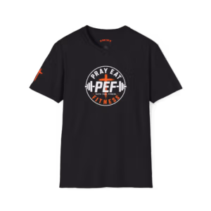 Front view of a black crewneck T-shirt with a white and orange PEF barbell and cross chest graphic; orange right sleeve cross partially visible.