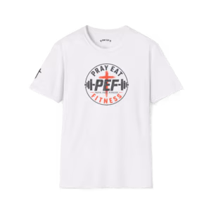 Front view of a white crewneck T-shirt with a black and orange PEF barbell and cross graphic and a black cross on the right sleeve.