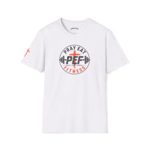 White Pray Eat Fitness T-shirt featuring black and red PEF logo, red Christian cross, barbell graphics, and Faith Fuel Fitness text.