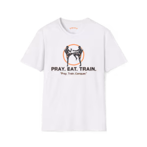 Front view of a white crewneck T-shirt featuring two black fighters inside an orange circle above “PRAY. EAT. TRAIN.” and “Pray. Train. Conquer.”